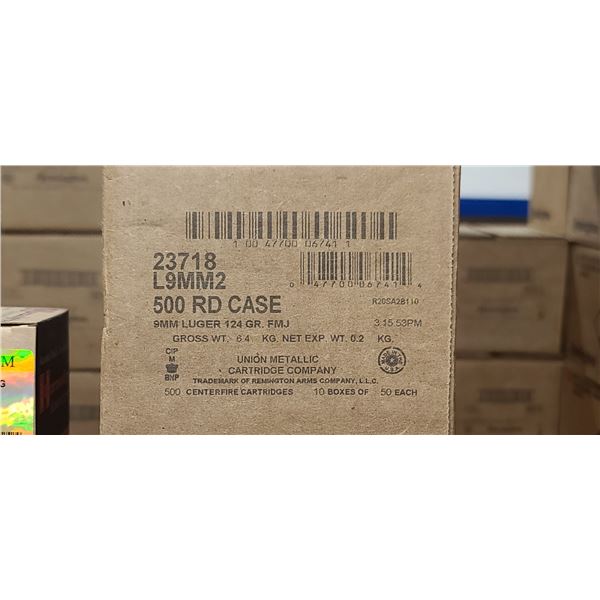 1 CASE  REMINGTON 9MM LUGER, 124 GRAIN, FMJ 500 ROUNDS, PAL REQUIRED, NO SHIPPING ON AMMO