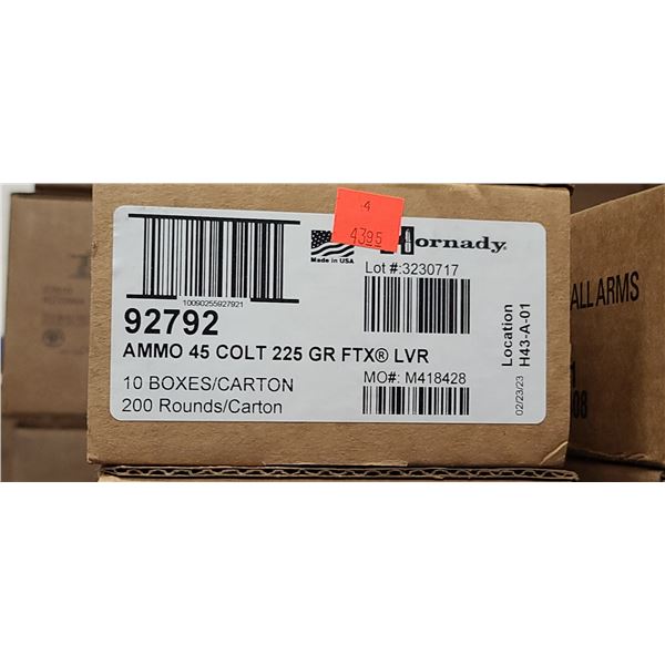 1 CASE HORNADY 45 COLT, 225 GRAIN, FTX/LVR, 200 ROUNDS, PAL REQUIRED, NO SHIPPING ON AMMUNTION