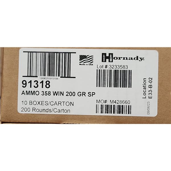 1 CASE HORNADY 358 WIN, 200 GRAIN, SP, 200 ROUNDS, PAL REQUIRED, NO SHIPPING ON AMMUNTION