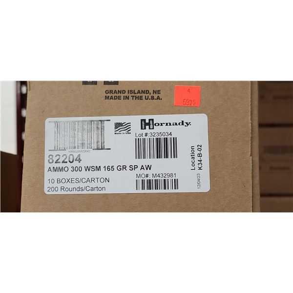 1 CASE HORNADY 300WSM, 165 GRAIN, SP, 200 ROUNDS, PAL REQUIRED, NO SHIPPING ON AMMUNTION