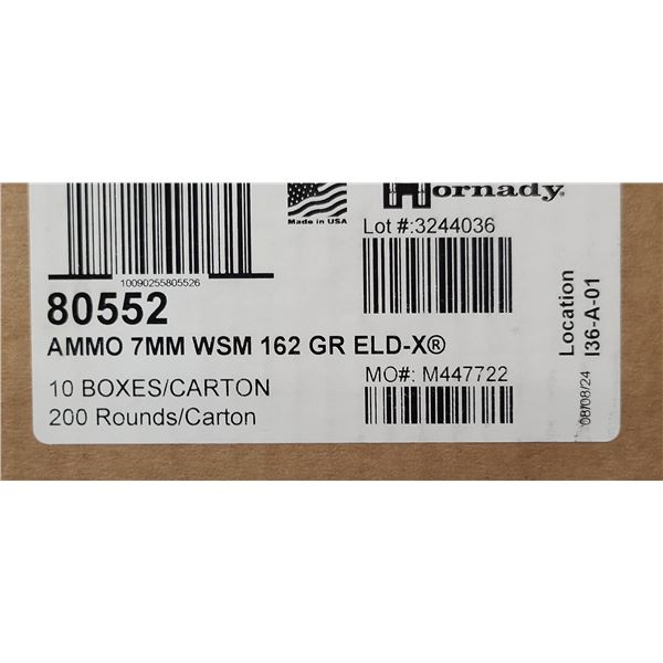 1  CASE HORNADY 7MM WSM, 162 GRAIN,EDL, 200 ROUNDS, PAL REQUIRED, NO SHIPPING ON AMMUNTION