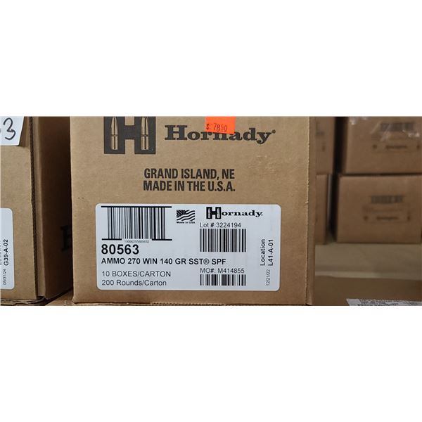 1  CASE HORNADY 270 WIN. 140 GRAIN,SST, 200 ROUNDS, PAL REQUIRED, NO SHIPPING ON AMMUNTION