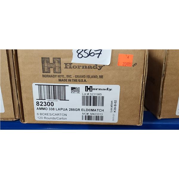 1  CASE HORNADY 338 LAPUA. 285 GRAIN,ELD MATCH, 120 ROUNDS, PAL REQUIRED, NO SHIPPING ON AMMUNTION R
