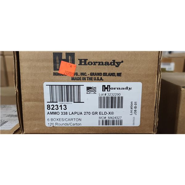 1  CASE HORNADY 338 LAPUA. 270 GRAIN,ELD-X, 120 ROUNDS, PAL REQUIRED, NO SHIPPING ON AMMUNTION RETAI