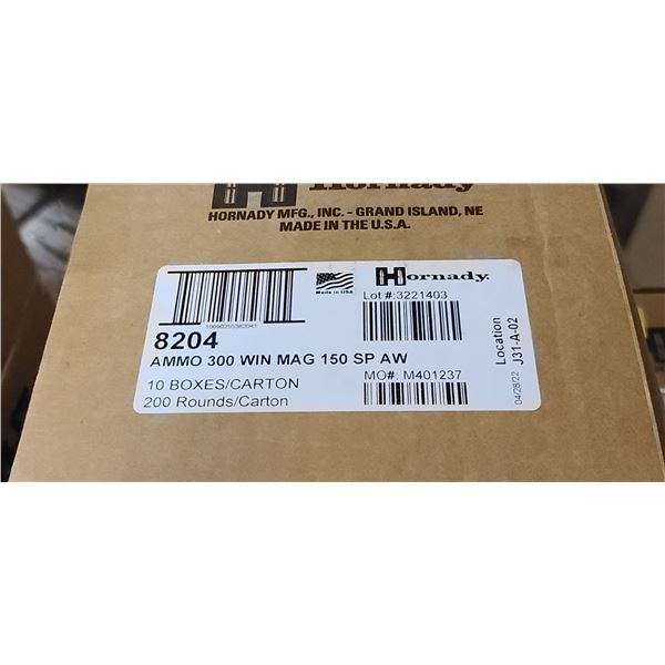 1  CASE HORNADY 300 WIN MAG. 150 GRAIN,SP, 200 ROUNDS, PAL REQUIRED, NO SHIPPING ON AMMUNTION RETAIL