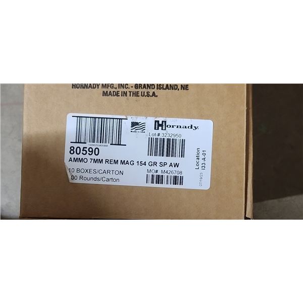 1 CASE HORNADY 7MM REM MAG. 154 GRAIN SPAW, 200 ROUNDS, PAL REQUIRED, NO SHIPPING ON AMMUNTION