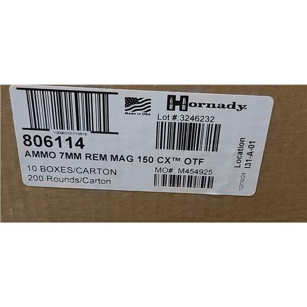 1 CASE HORNADY 7MM REM MAG. 150 GRAIN CX, 200 ROUNDS, PAL REQUIRED, NO SHIPPING ON AMMUNTION