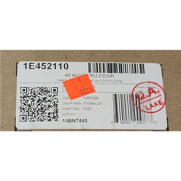 1 CASE AQUILA 45 AUTO 230 GRAIN, FMJ 1000 ROUNDS, PAL REQUIRED, NO SHIPPING ON AMMUNTION