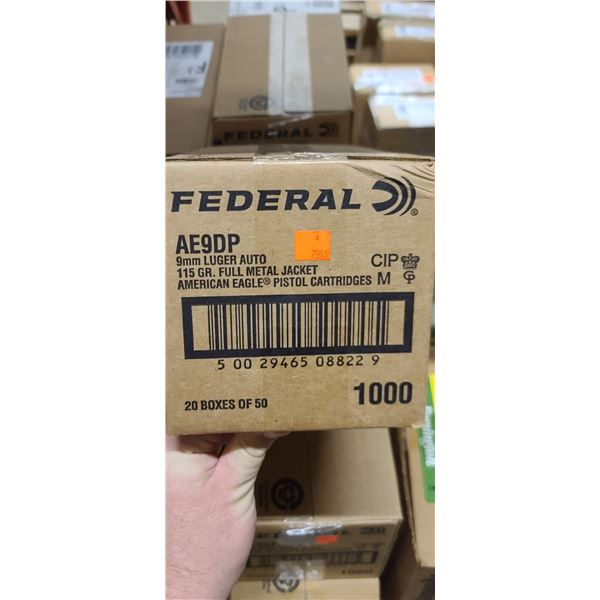 1 CASE FEDERAL 9MM LUGER 115 GRAIN FMJ, 1000 ROUNDS, PAL REQUIRED, NO SHIPPING ON AMMUNTION