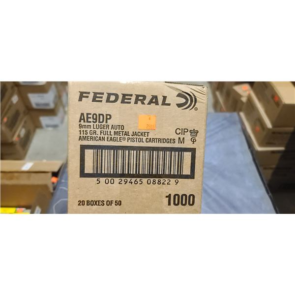 1 CASE FEDERAL 9MM LUGER 115 GRAIN FMJ, 1000 ROUNDS, PAL REQUIRED, NO SHIPPING ON AMMUNTION