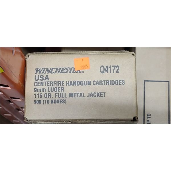 1 CASEWINCHESTER 9MM LUGER 115 GRAIN FMJ, 500 ROUNDS, PAL REQUIRED, NO SHIPPING ON AMMUNTION
