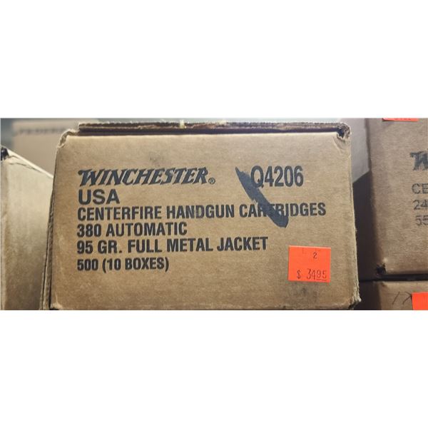 1 CASE WINCHESTER 380 AUTO, 95 GRAIN, FMJ, 500 ROUNDS, PAL REQUIRED, NO SHIPPING ON AMMUNTION