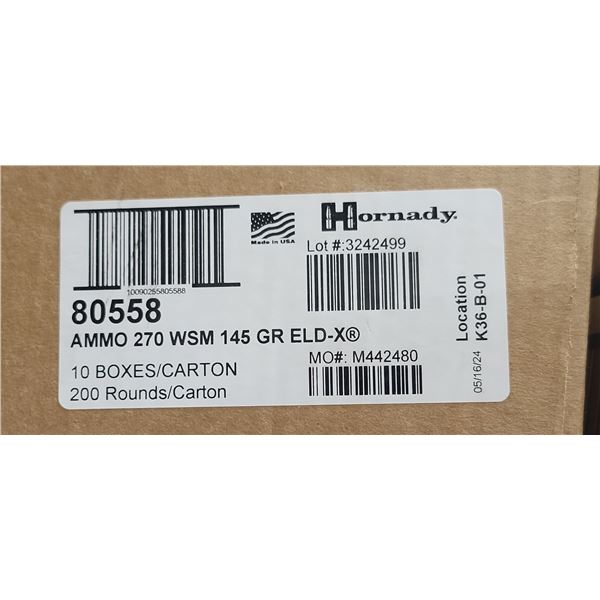 1 CASE HORNADY 270 WSM, 145GR ELD X 200 ROUNDS, PAL REQUIRED