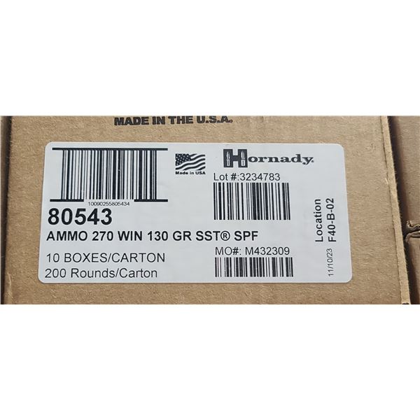 1 CASE HORNADY 270 WIN, 130 GRAIN, SST SPF, 200 ROUNDS, PAL REQUIRED, NO SHIPPING ON AMMUNTION