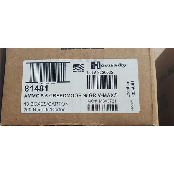 1 CASE HORNADY 6.5 CREEDMOOR 95 GRAIN, V-MAX, 200 ROUNDS, PAL REQUIRED, NO SHIPPING ON AMMUNTION