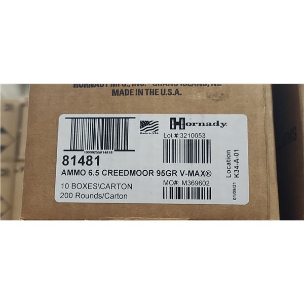1 CASE HORNADY 6.5 CREEDMOOR 95 GRAIN, V-MAX, 200 ROUNDS, PAL REQUIRED, NO SHIPPING ON AMMUNTION