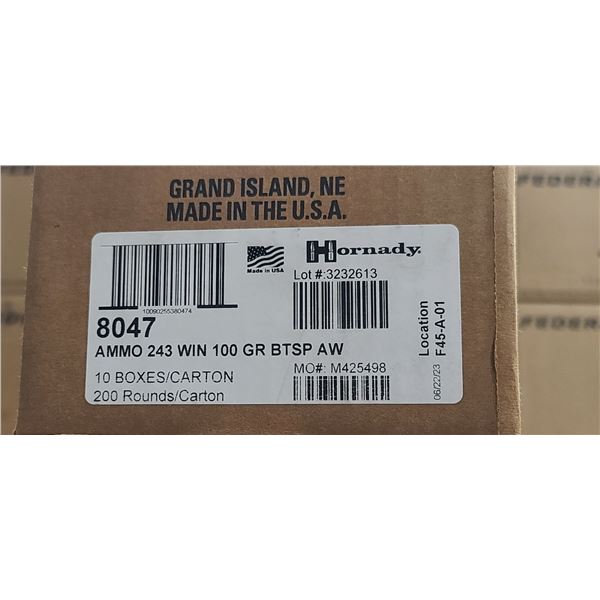 1 CASE HORNADY 243 WIN, 100 GRAIN, BTSP AW, 200 ROUNDS, PAL REQUIRED, NO SHIPPING ON AMMUNTION
