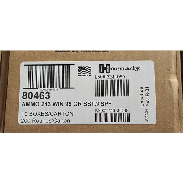 1 CASE HORNADY 243 WIN, 95 GRAIN, SST, 200 ROUNDS, PAL REQUIRED, NO SHIPPING ON AMMUNTION