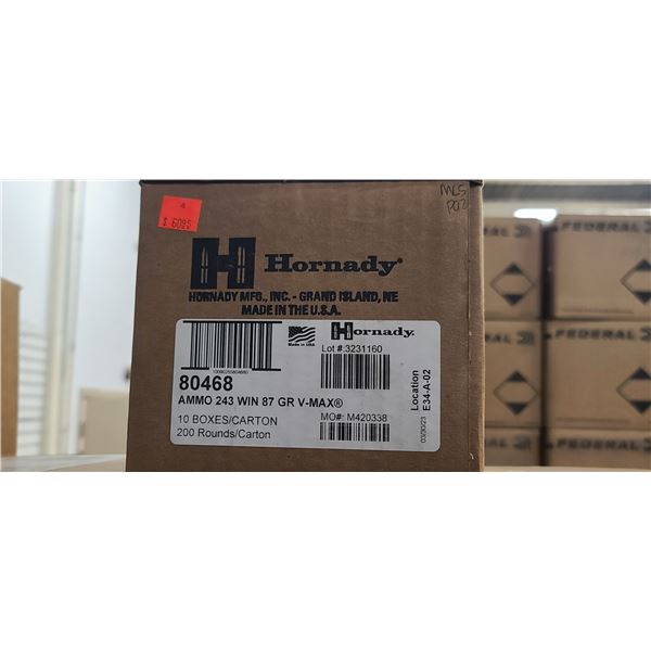 1 CASE HORNADY 243 WIN, 87 GRAIN, V-MAX, 200 ROUNDS, PAL REQUIRED, NO SHIPPING ON AMMUNTION