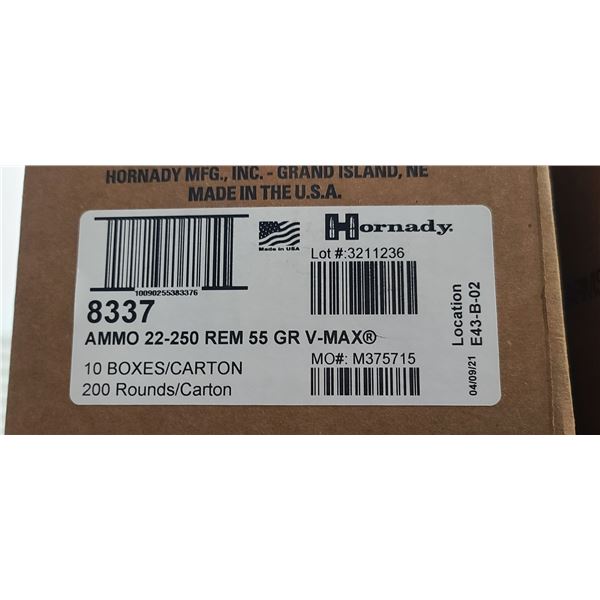 1 CASE HORNADY 22-250, 55 GRAIN, V-MAX, 200 ROUNDS, PAL REQUIRED, NO SHIPPING ON AMMUNTION