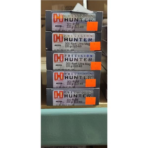 5 BOXES HORNADY 300 RUM, PRECISION HUNTER 220 GRAIN, ELD-X 100 ROUNDS, PAL REQUIRED, NO SHIPPING ON