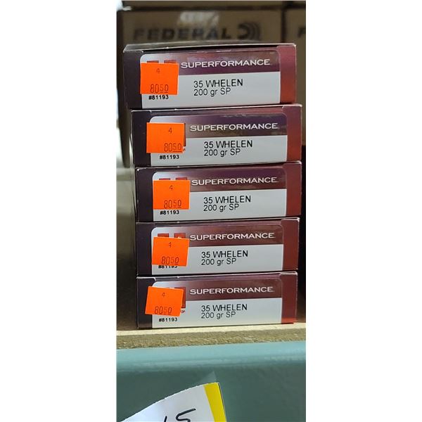 5 BOXES HORNADY 35 WHELEN , SUPERFORMANCE, 200 GRAIN, SP, 100 ROUNDS, PAL REQUIRED, NO SHIPPING ON A