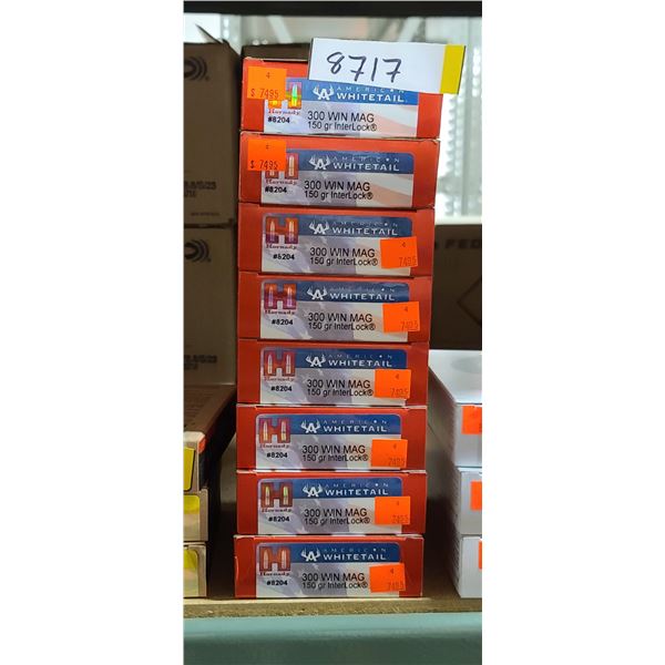 8 BOXES HORNADY 300 WIN MAG. AMERCAN WHITEAIL, 150 GRAIN, INTERLOCK, 160 ROUNDS, PAL REQUIRED, NO SH