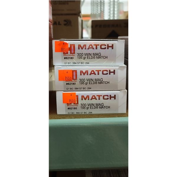 3 BOXES HORNADY 300 WIN MAG. MATCH, 195 GRAIN, ELD MATCH, 60 ROUNDS, PAL REQUIRED, NO SHIPPING ON AM