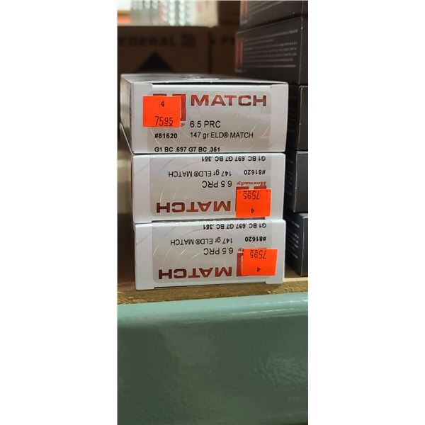3 BOXES HORNADY 6.5 PRC.  147 GRAIN, ELD MATCH, 60 ROUNDS, PAL REQUIRED, NO SHIPPING ON AMMUNTION