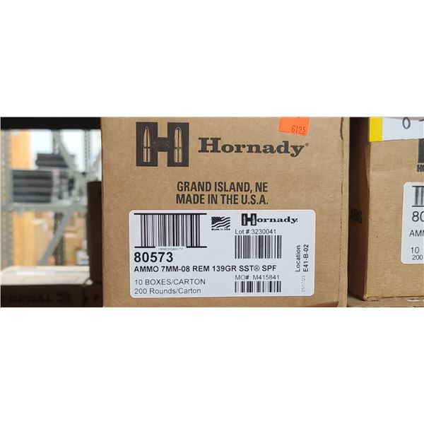 1 CASE HORNADY 7MM-08. 139 GRAIN, SST SPF, 200 ROUNDS, PAL REQUIRED, NO SHIPPING ON AMMUNTI