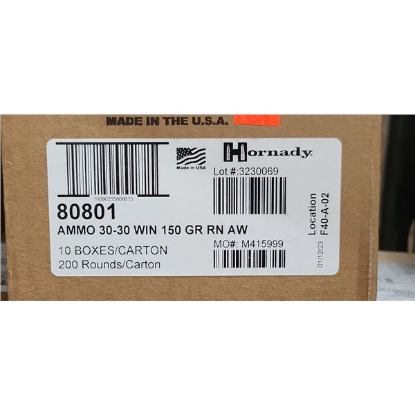 1 CASE HORNADY 30-30 WIN, 150 GRAIN,RN AW, 200 ROUNDS, PAL REQUIRED, NO SHIPPING ON AMMUNTION