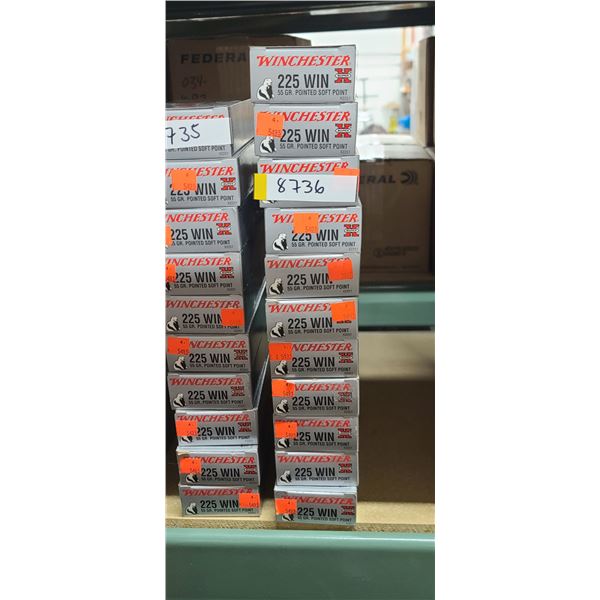 11 BOXES WINCHESTER 225 WIN, 55 GRAIN, POINTED SOFT POINT 220 ROUNDS, PAL REQUIRED, NO SHIPPING ON A