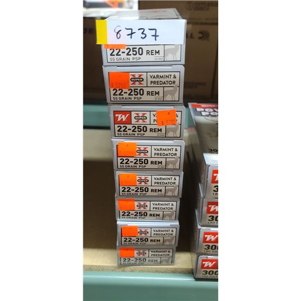 8 BOXES WINCHESTER 22-250 REM, 55 GRAIN, POINTED SOFT POINT 160 ROUNDS, PAL REQUIRED, NO SHIPPING ON