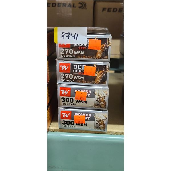 4 BOXES TOTAL WINCHESTER 2 BOXES 270 WSM, DEER SEASON 130 GRAIN, 2 BOXES 300 WSM POWER POINT, 150 GR
