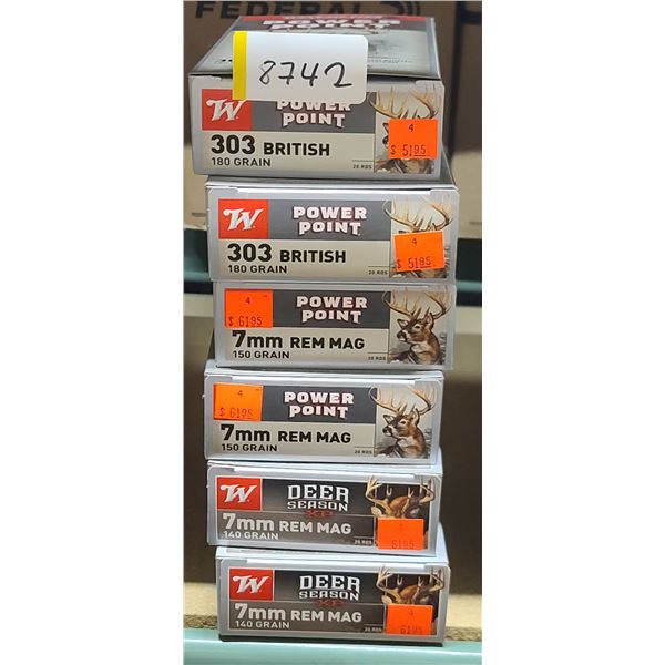 MIXED LOT: WINCHRESTER 6 BOXES TOTAL, 2 BOXES 303 BRITISH 180 GRAIN POWER POINT, 2 BOXES 7MM REM MAG