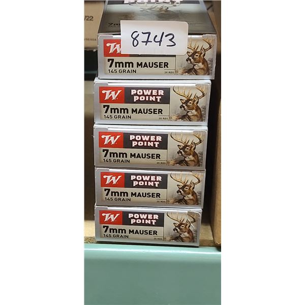 5 BOXES WINCHESTER 7MM MAUSER, 145 GRAIN, POWER POINT 125 ROUNDS, PAL REQUIRED, NO SHIPPING ON AMMUN