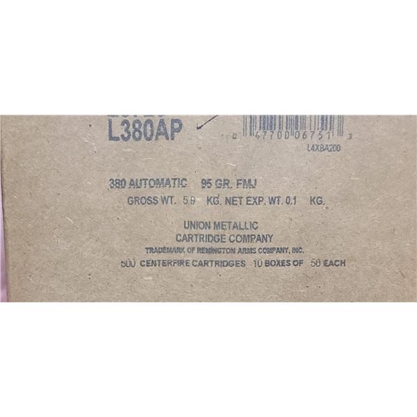 1 CASE REMINGTON 380 AUTO, UMC, 95 GRAIN, FMJ 500 ROUNDS, PAL REQUIRED, NO SHIPPING ON AMMUNTION