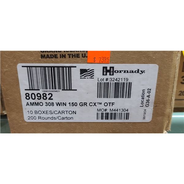 1 CASE HORNADY 308 WIN, 150 GRAIN, CF OTF,  200 ROUNDS. PAL REQUIRED, NO SHIPPING ON AMMU