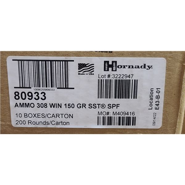 1 CASE HORNADY 308 WIN, 150 GRAIN, SST SPF,200 ROUNDS. PAL REQUIRED, NO SHIPPING ON AMM
