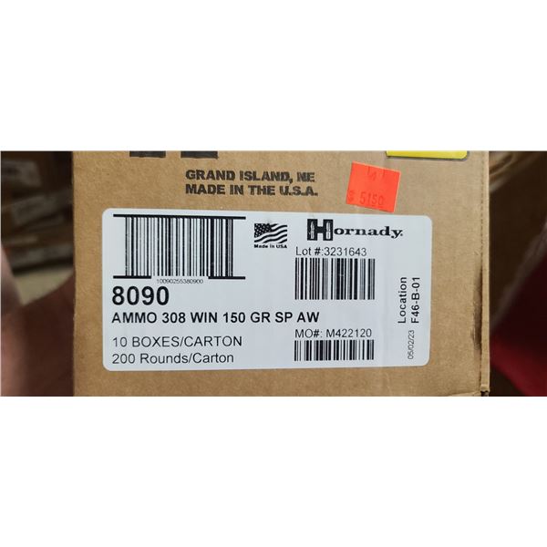 1 CASE HORNADY 308 WIN, 150 GRAIN, SP WA, 200 ROUNDS, PAL REQUIRED, NO SHIPPING ON AMMUNTION