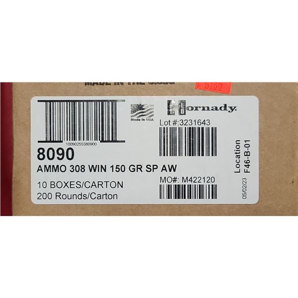 1 CASE HORNADY 308 WIN, 150 GRAIN, SP WA, 200 ROUNDS, PAL REQUIRED, NO SHIPPING ON AMMUNTION