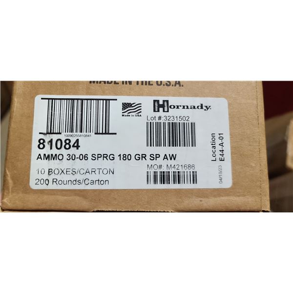 1 CASE HORNADY 30-06 SPRG, 180 GRAIN, SP WA, 200 ROUNDS, PAL REQUIRED, NO SHIPPING ON AMMUNTION