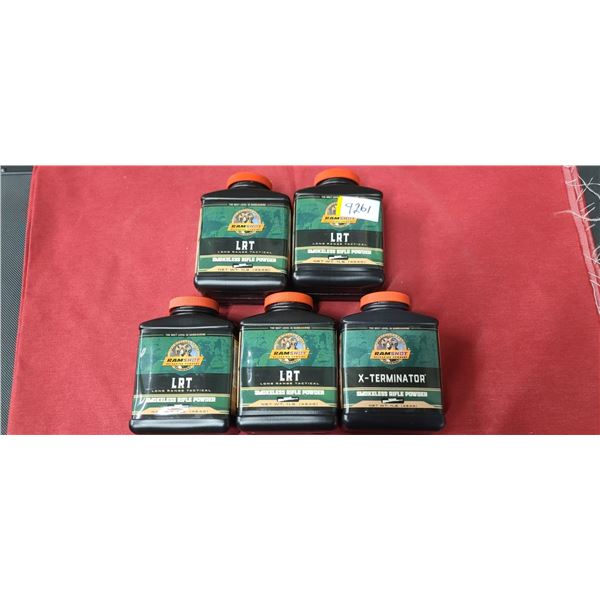 FIVE 1LBS BOTTLES OF RAMSHOT X-TERMINATOR SMOKELESS POWDER