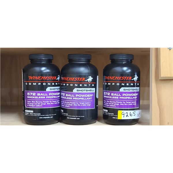 THREE 1LBS BOTTLES OFWINCHESTER 572 BALL POWDER