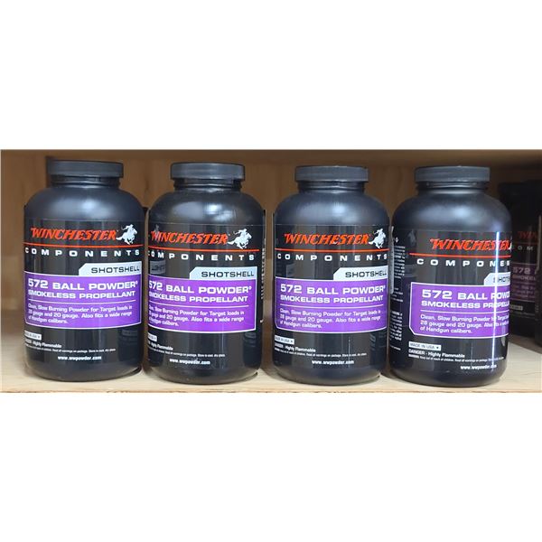 FOUR 1 LBS BOTTLES OF WINCHESTER 572 BALL POWDER