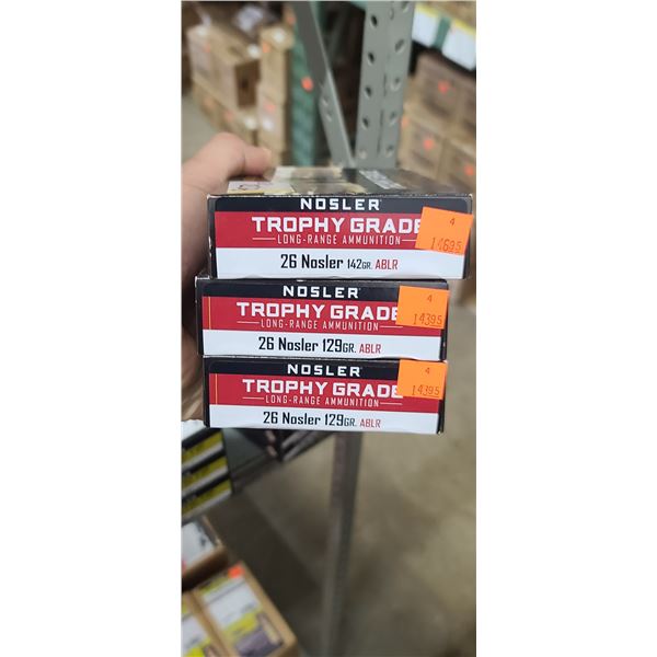 3 BOXES NOSLER 26 NOSLER, 142/129 GRAIN, ABLR,TROPHY GRADE, 60 ROUNDS, PAL REQUIRED, NO SHIPPING