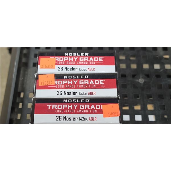 3 BOXES NOSLER, 26 NOSLER, ABLR TROPHY GRADE, 150/142GR, PAL REQUIRED, NO SHIPPING ON AMM