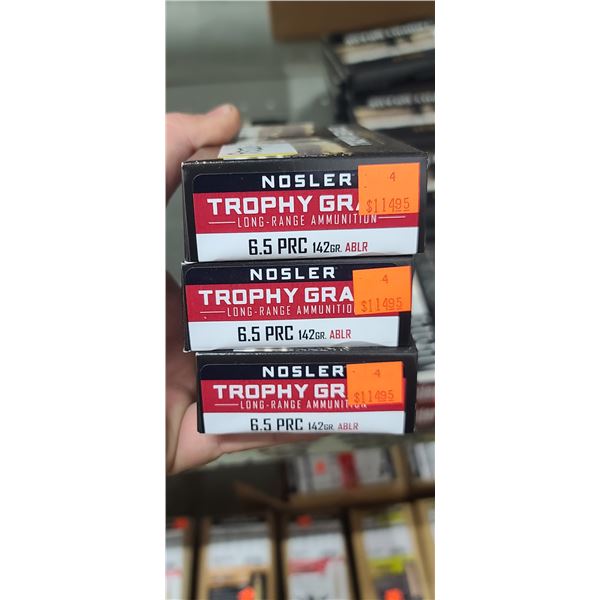 3 BOXES NOSLER, 6.5 PRC, ABLR TROPHY GRADE, 142 GRAIN, 60 ROUNDS, PAL REQUIRED, NO SHIPPING ON AMMUN