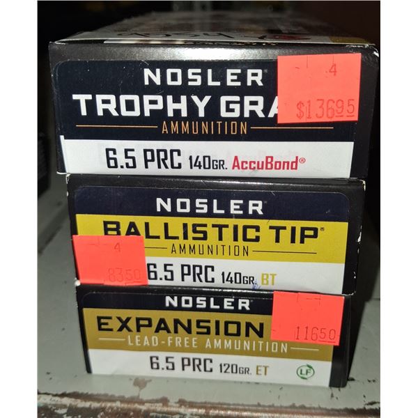 3 BOXES NOSLER, 6.5 PRC 2 BOXES ARE 120GR, LEAD FREE EXPANSION TIP, 1 BOX IS 140 GRAIN ACCUBOND TROP