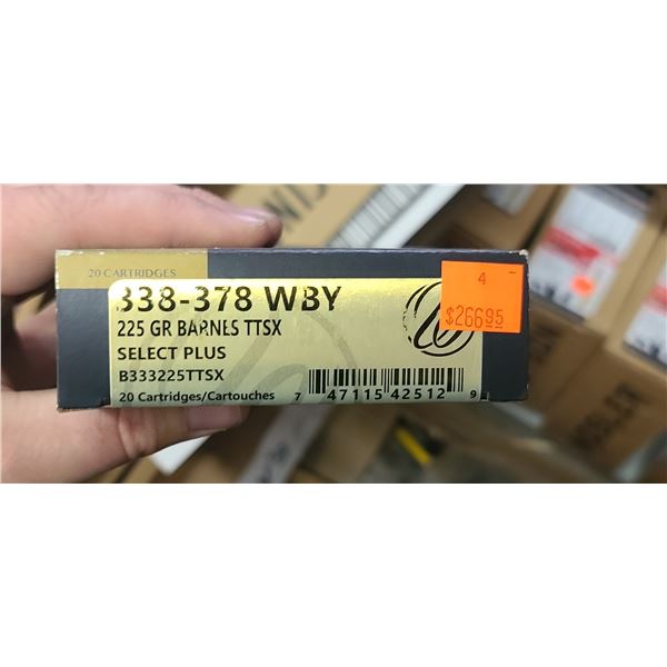 1 BOX WEATHERBY 338-378 WBY, BARNES TTSX, 225 GRAIN 20 ROUNDS, PAL REQUIRED, NO SHIPPING ON AMMUNTIO